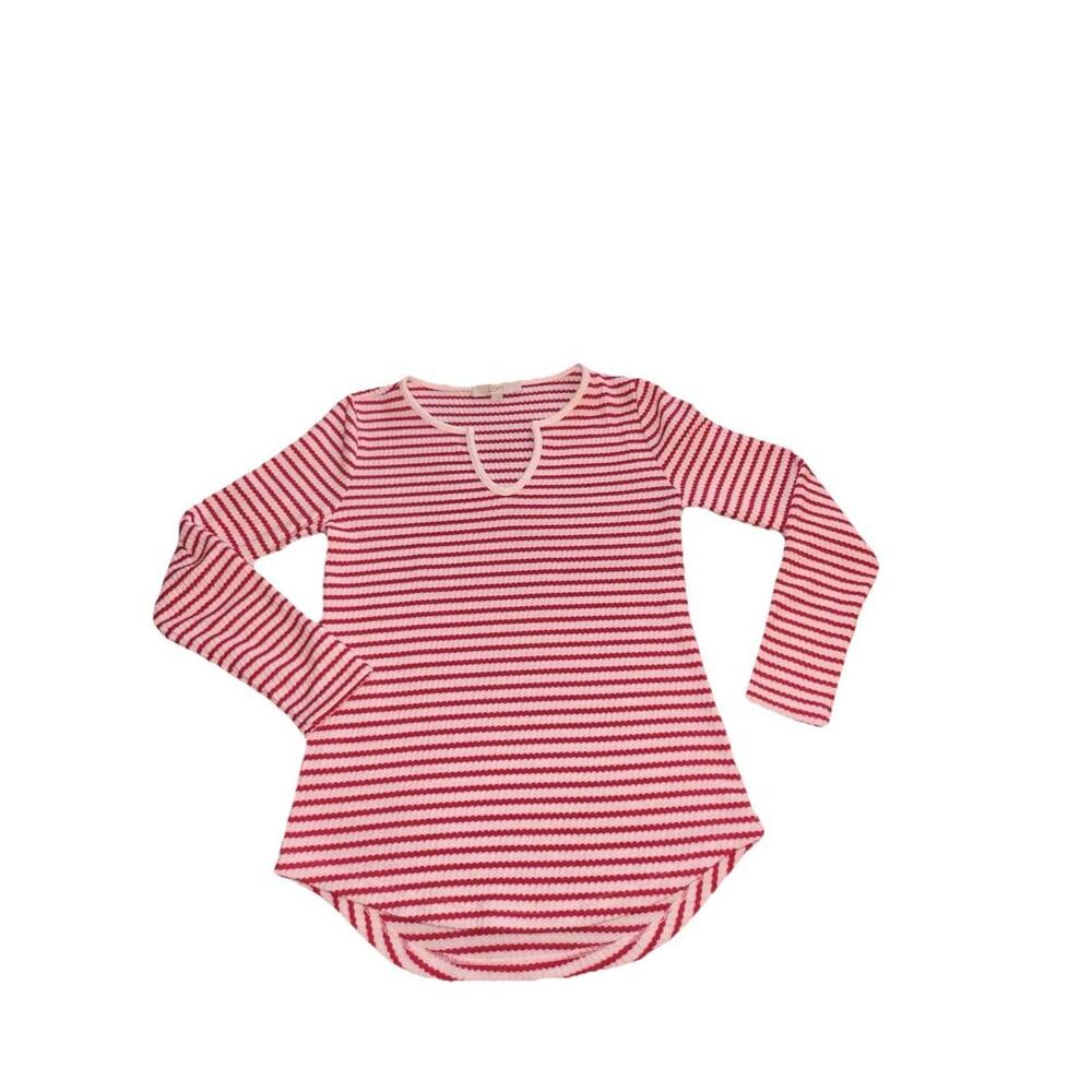 Loft Red White Striped Waffle Knit Top M Rayon Blend Tunic Nautical Preppy